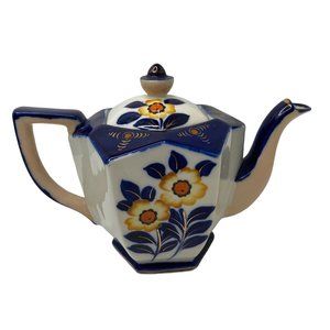 Moriyama ceramic hexagonal teapot with lid cobalt blue floral hand painted Japan
